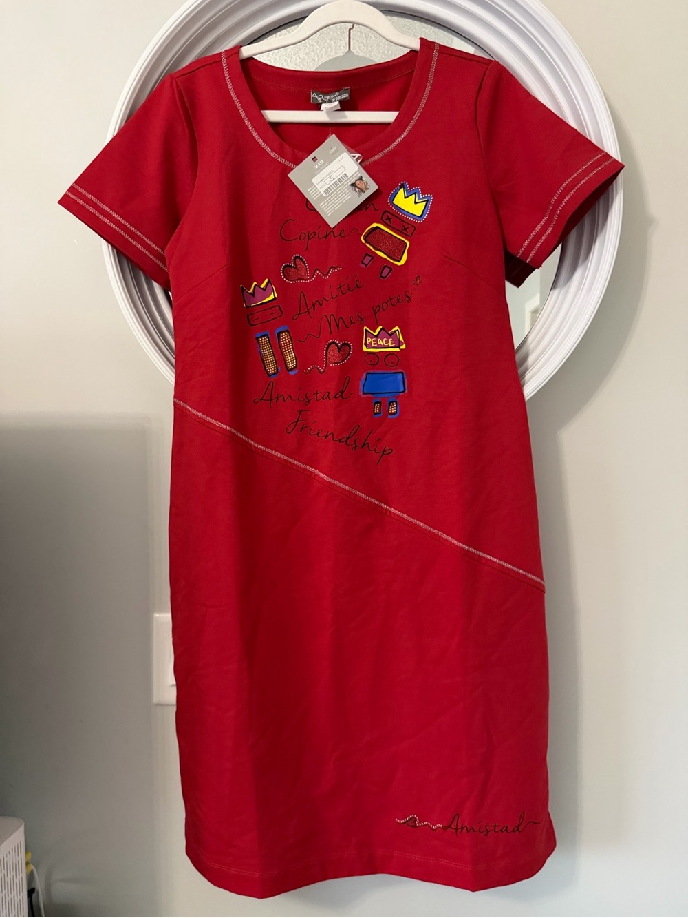 Red Embroidered Midi Dress with Short Sleeves